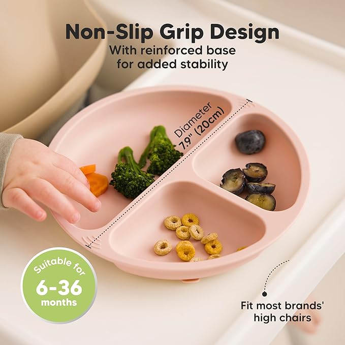 KeaBabies Suction Plates with Lids for Baby - 3-Pack 100% Silicone Toddler Plates with Suction, Divided, BPA-Free Baby Led Weaning Essentials for Kids, Dishwasher, Microwave Safe, Durable (Amethyst)