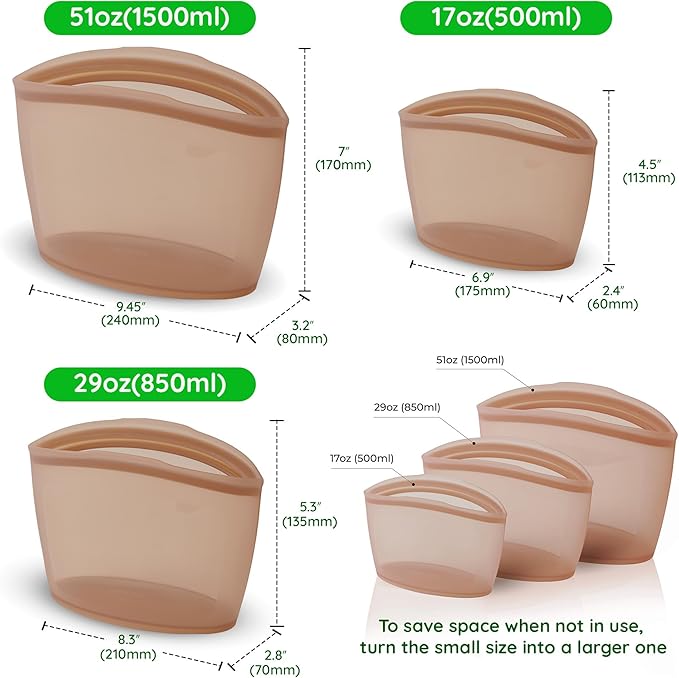 Premium Platinum Silicone Reusable Food Storage Bags 3-Pack (17 fl oz + 29 fl oz + 51 fl oz), Airtight Zip Lock Bags for Food, BPA-Free Silicone Freezer Bags, Brown