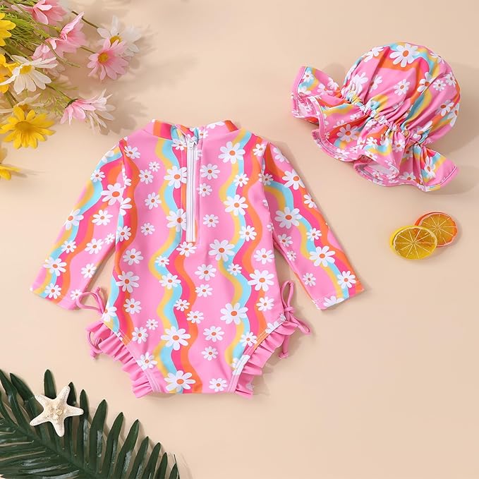 Infant Baby Girl Swimsuit One-Piece Long Sleeve Rash Guard with Hat Set Floral Zipper Bathing Suit Leopard Beach Wear