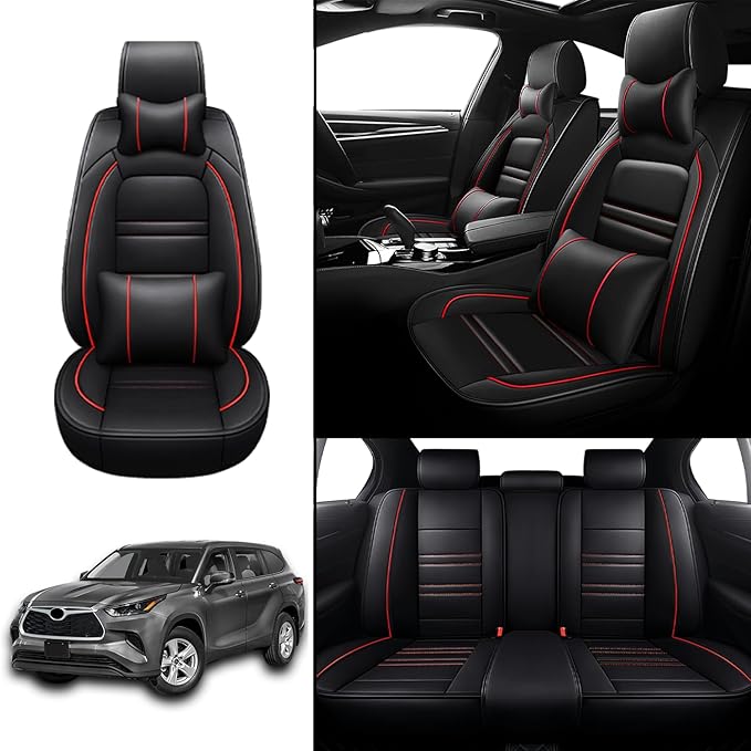 Car Seat Covers for Toyota Highlander 2001-2025 | 5-Seats Seat Covers, Waterproof Seat Protectors, Automotive Seat Covers (Full Set with Pillow,Black&Red Line)