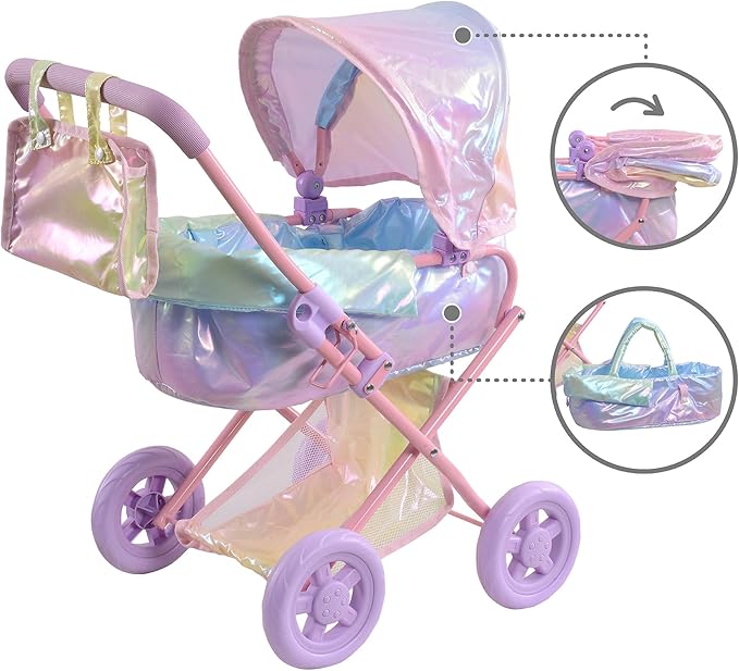 Olivia's Little World Baby Doll Stroller, 2-in-1 Doll Pram Buggy for Girls Age 3+, Fits up to 18” Dolls, Baby Stroller for Dolls, Stroller Toy for Kids, Iridescent