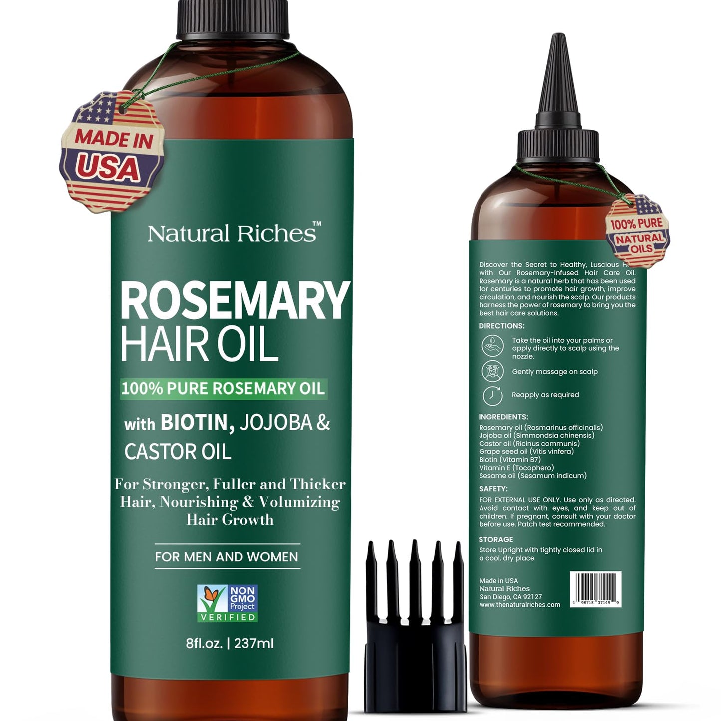 Natural Riches 100% Pure Premium Rosemary Oil For Hair Growth Infused With Biotin & Vitamin E Jojoba & Castor Oil Hair Strengthening Treatment | Nourishing & Volumizing | Non GMO Verified 8 Fl oz.
