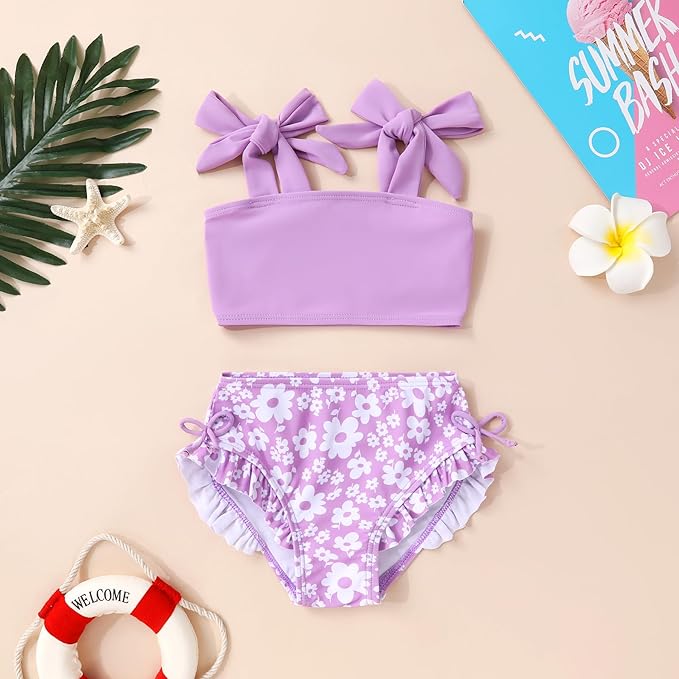 Toddler Swimsuit Girl Color Block Stripe Swimwear Baby Girl Summer Beach Bathing Suits Bikini Set with Ruffled Edges