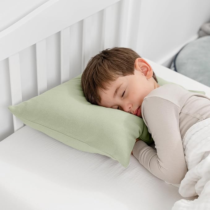 Comfy Cubs Toddler Pillow with Cotton Pillowcase, 13 x 18 in - Travel and Sleep Support for Kids - Lightweight, Breathable Microfiber Fill - Soft and Cozy Small Pillow for Toddlers - Sage