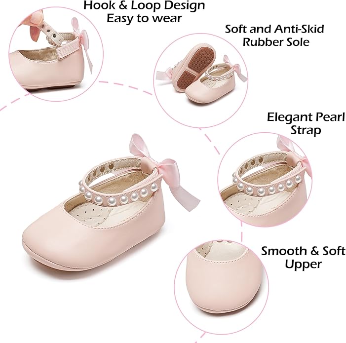 Baby Girls Mary Jane Flats - Infant Newborn Walking Shoes Soft Rubber Sole Princess Wedding