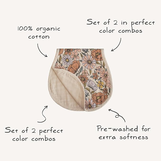 mushie Muslin Baby Burp Cloths | 100% Organic Cotton, Set of 2 (Pastel Blooms/Fog)