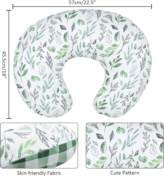 Baby Nursing Pillow Cover Infant Removable Breastfeeding Pillow Cover Cute Pattern Newborn Nursing Pillowcase Slipcovers Cushion Cover for Girls Boys 22.5 x 18 (Green Leaves)