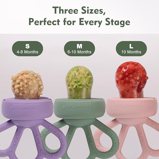 Bessentials Carrot Baby Fresh Fruit Food Feeder & 2 Pack Silicone Mesh Feeders | Safe Infant Self-Feeding|Includes 3 Sizes of Food Pouches |Suitable for Baby 4M+|BPA-Free (Lilac & Misty Green)