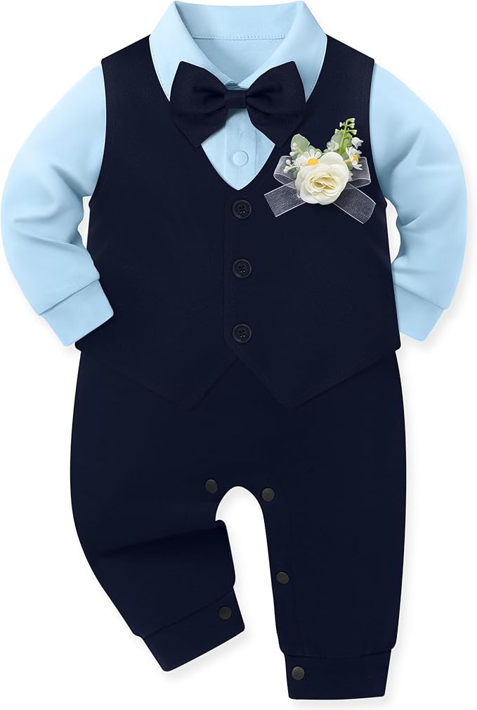 Baby Boy Clothes Gentleman Baby Suit Long Sleeve Romper+Vest+Bow Tie+Corsage 4Pcs Boys Formal Jumpsuit