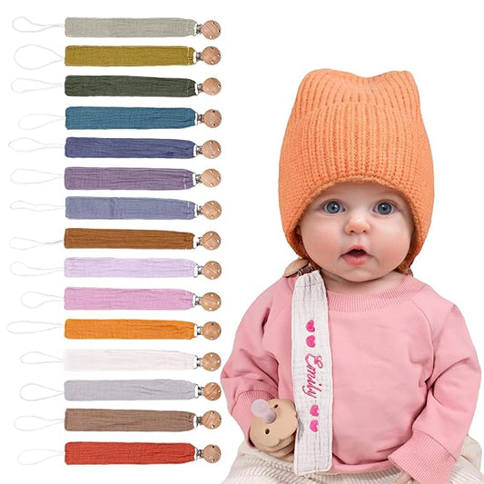 Personalized Bohemian Pacifier Clip Embroidered with Name is The Perfect Newborn Gift Made from eco-Friendly Bamboo! (White)