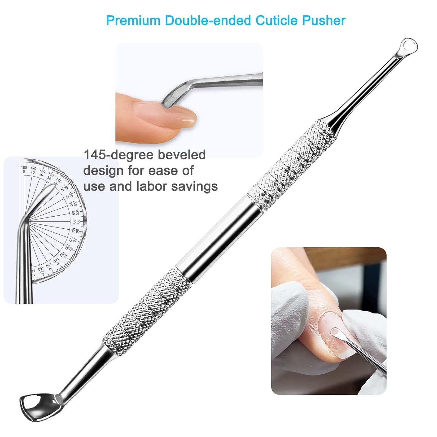 Cuticle Pusher Tool, 2PCS Professional Nail Cuticle Remover Trimmer Cutter Fork Kit, Premium Stainless Steel Durable Manicure Kit for Women, Fingernails and Toenails