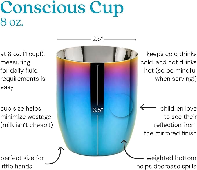 Ahimsa Stainless Steel Kids Cup - Pediatrician Designed Toddler Cups for Open Cup Training, 8oz, 100% BPA Free & Dishwasher Safe (Iridescent Blue Single)