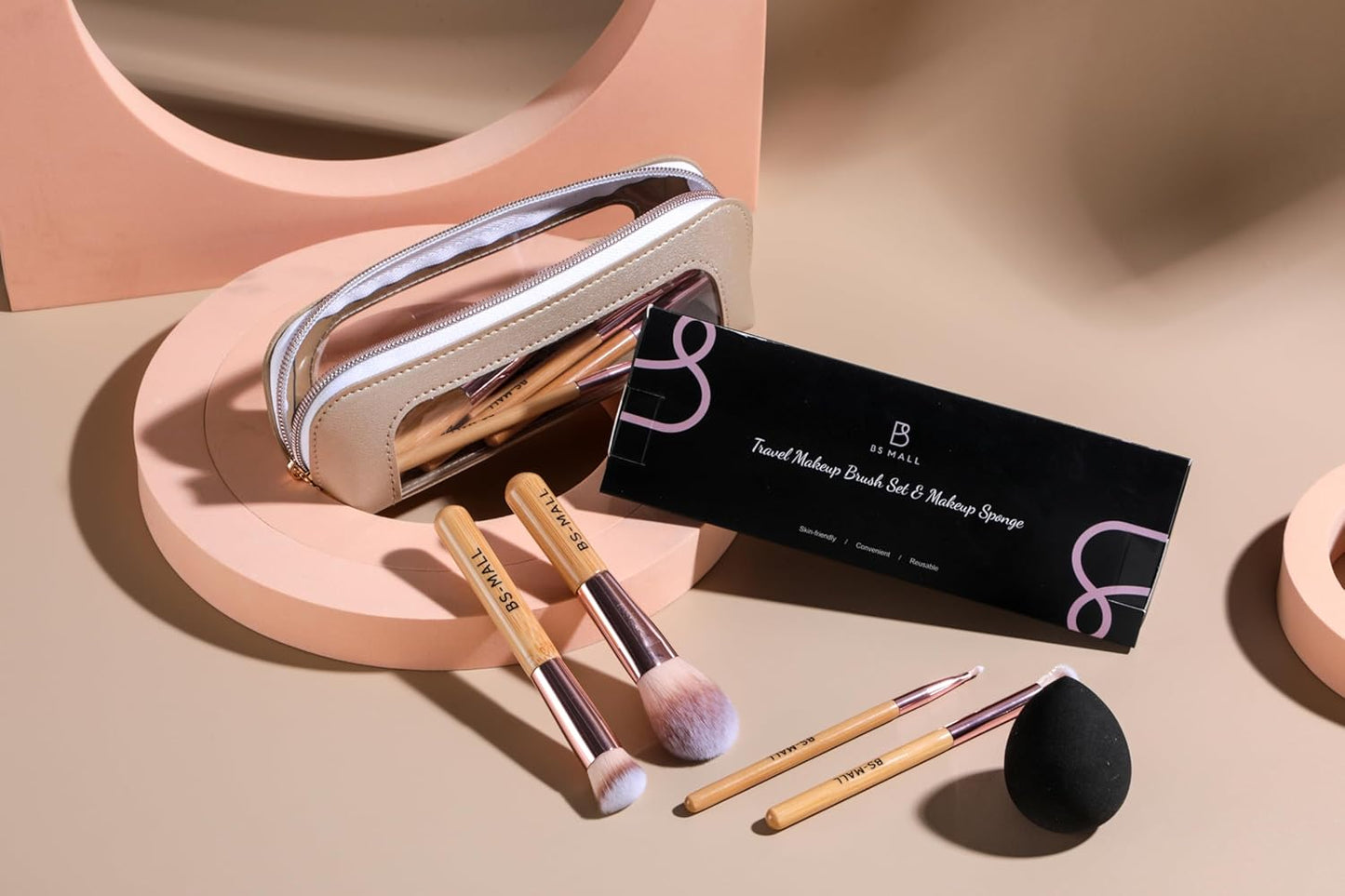 BS-MALL 14 Pcs Makeup Brushes Set with 1 Pcs Makeup Sponge – Essential Foundation Powder Concealers, Eye Shadows, Blush Makeup Brushes with Travel Makeup Case (Bamboo)