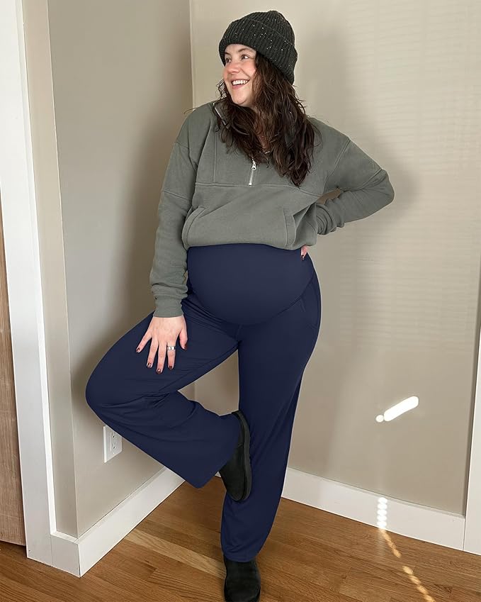 G4Free Maternity Pants Over The Belly Yoga Dress Work Pregnancy Pants Stretchy Lounge Wide Leg Trousers with Pockets
