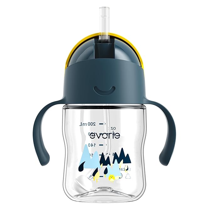 Evorie Tritan Weighted Straw Sippy Cup with Handles for Baby and Toddlers, Spill Proof Baby Water Bottle with Straw for 6 months and up, 7 Oz, Infant Training Water Bottle (Bumble bee)