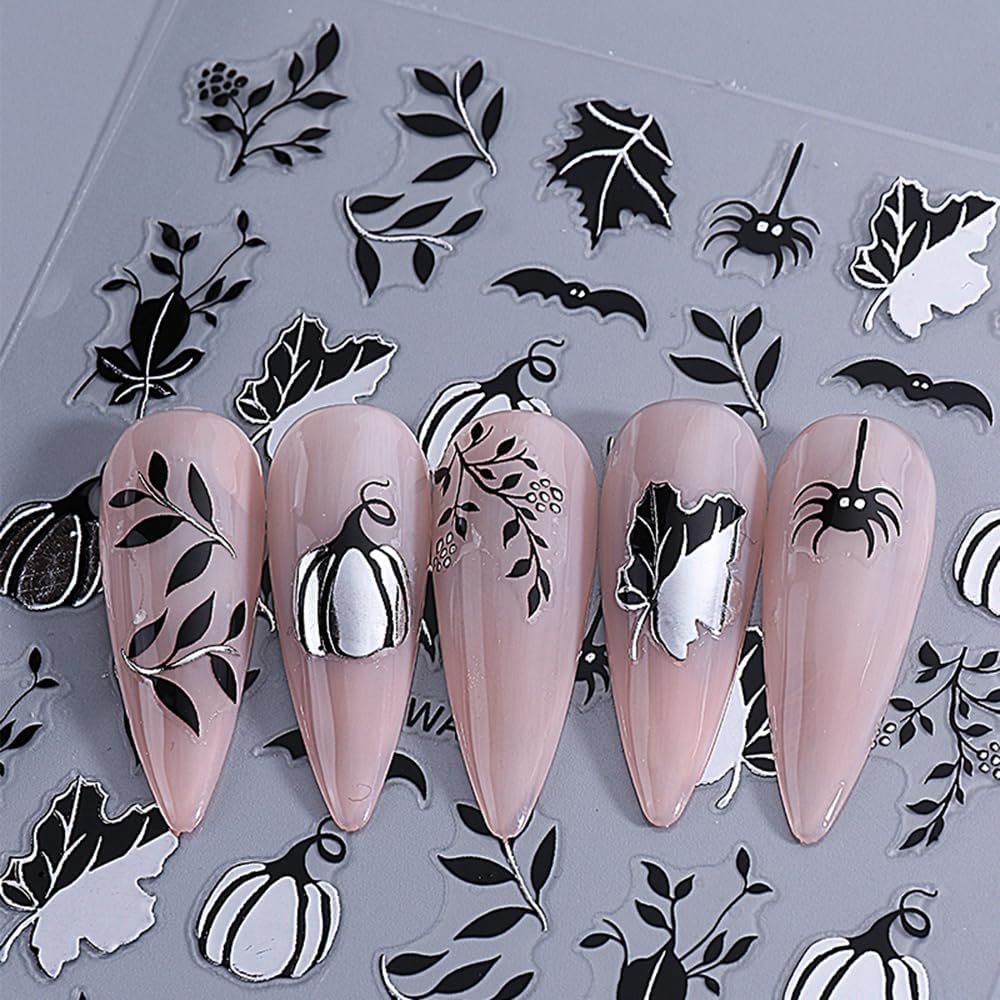 4 Sheets Halloween Nail Stickers Gold Pumpkin Leaves Bat Holiday Nail Designs 3D Self-Adhesive Spider Web Decals Black Leaf Nails Supplies for Women Girls DIY Manicure