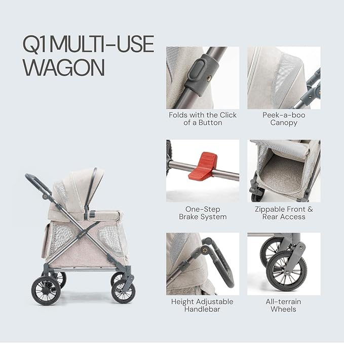 Familidoo Q1 Multi-Use Kids Wagon Stroller – Foldable, Lightweight & All-Terrain for Kids & Pets – 5-Point Safety Harness, Rain Cover & Compact Travel Design – Supports Up to 132 lbs (Ash Rose)