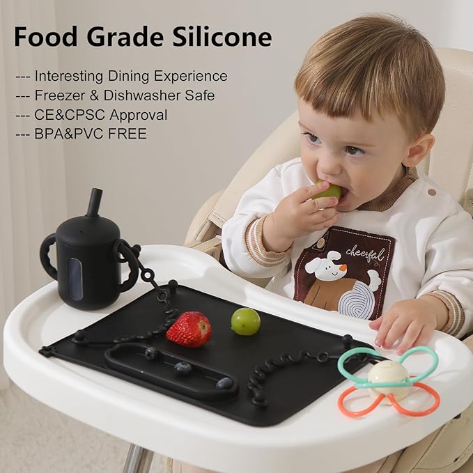 2 Pack Baby Silicone Mat, with Suction Base and 8 Stretchable Straps, Seposeve Baby Placemats, Activity Mat for Infants to Toddlers, Keeps Babies Essentials Off The Floor, 2 Balck