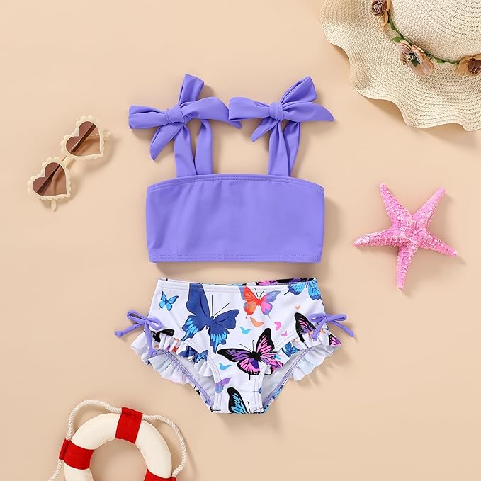 Toddler Swimsuit Girl Color Block Stripe Swimwear Baby Girl Summer Beach Bathing Suits Bikini Set with Ruffled Edges