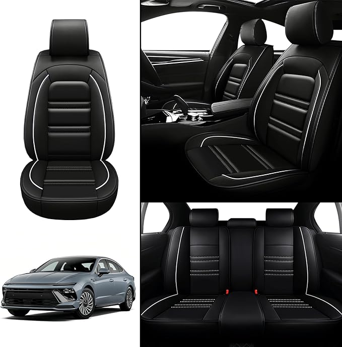 Seat Covers for Hyundai Car Sonata 2002-2025 | 5-Seats Leather Seat Covers, Easy to Install Automotive Seat Covers Full Set (Full Set, Black&White Line)