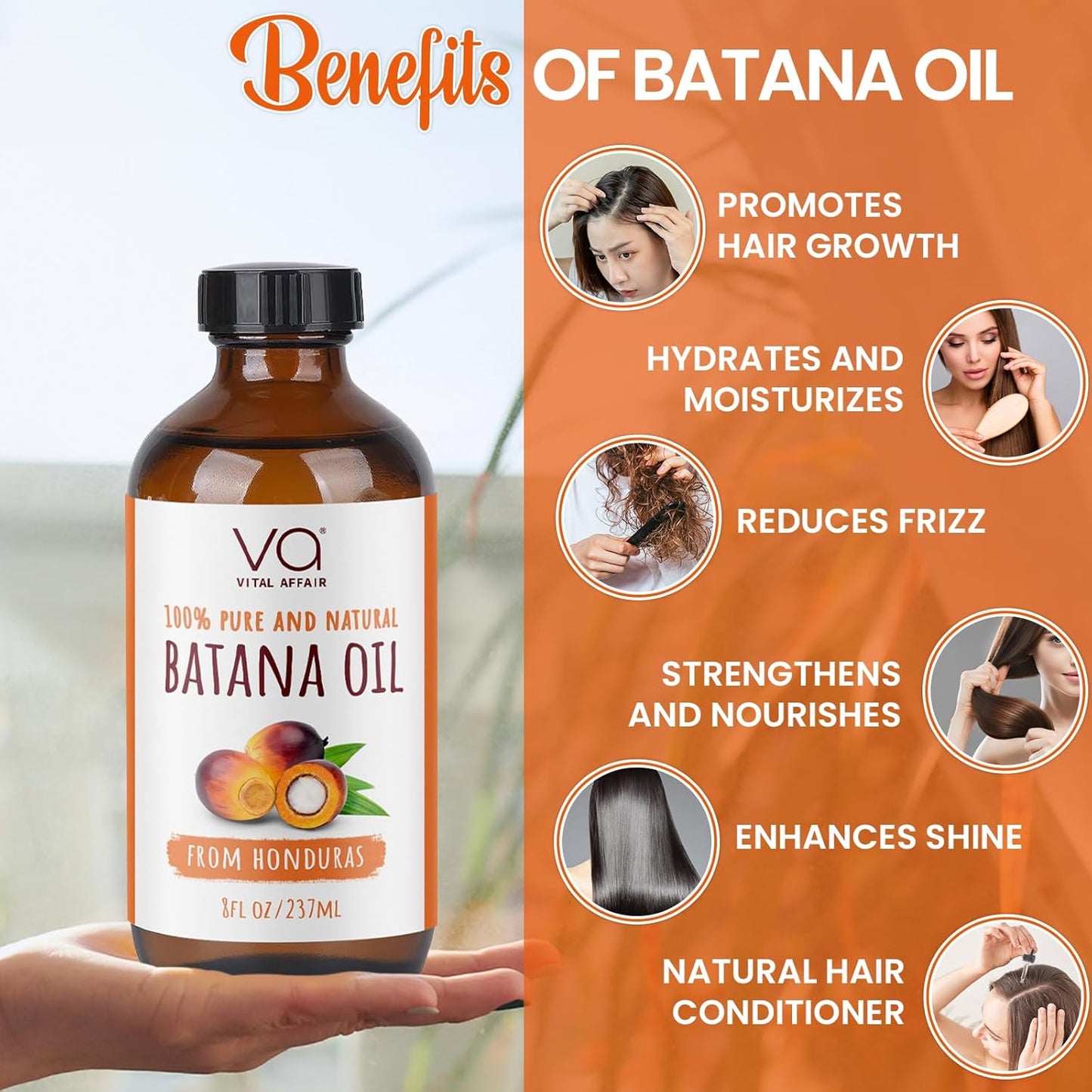 Batana Oil For Hair Growth-100% Raw Batana Oil From Honduras-Glass Bottle-Skin Hair Oil Rich In Essential Nutrients-Batana Hair Oil For Women & Men-For Strong & Shiny Hair-8 FlOz
