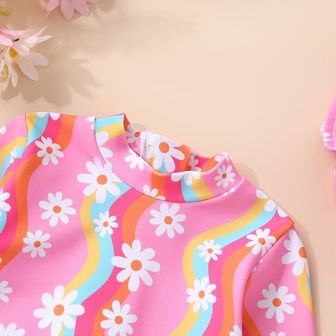 Infant Baby Girl Swimsuit One-Piece Long Sleeve Rash Guard with Hat Set Floral Zipper Bathing Suit Leopard Beach Wear