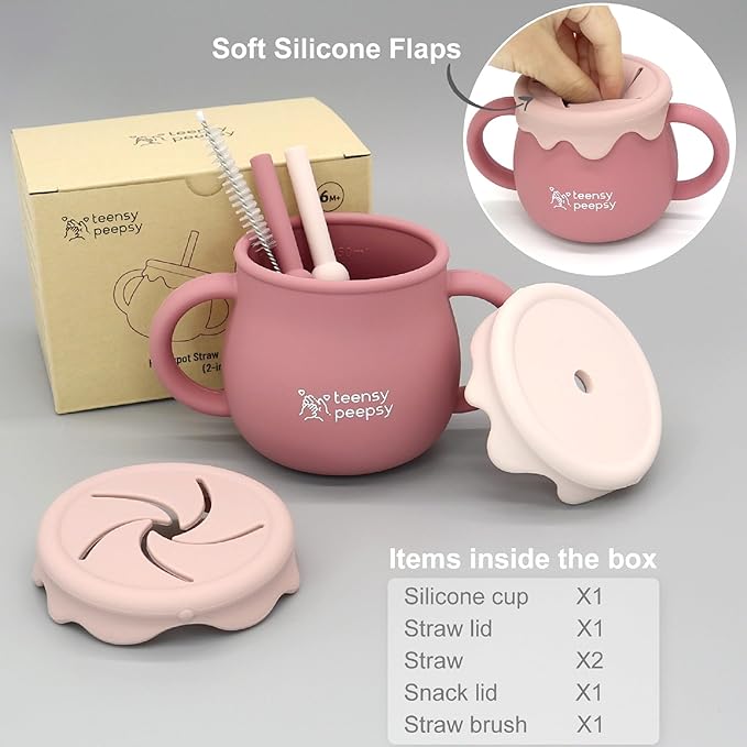 Honey Jar Pot 3-in-1 Silicone Training Cup 8.5oz, Baby Sippy Cup with Straw & Snack Cup for 6 months+ Straw Cup for Baby Girl Gift, Open Cup Toddler Smoothie Drinkware (Pretty in Pink)