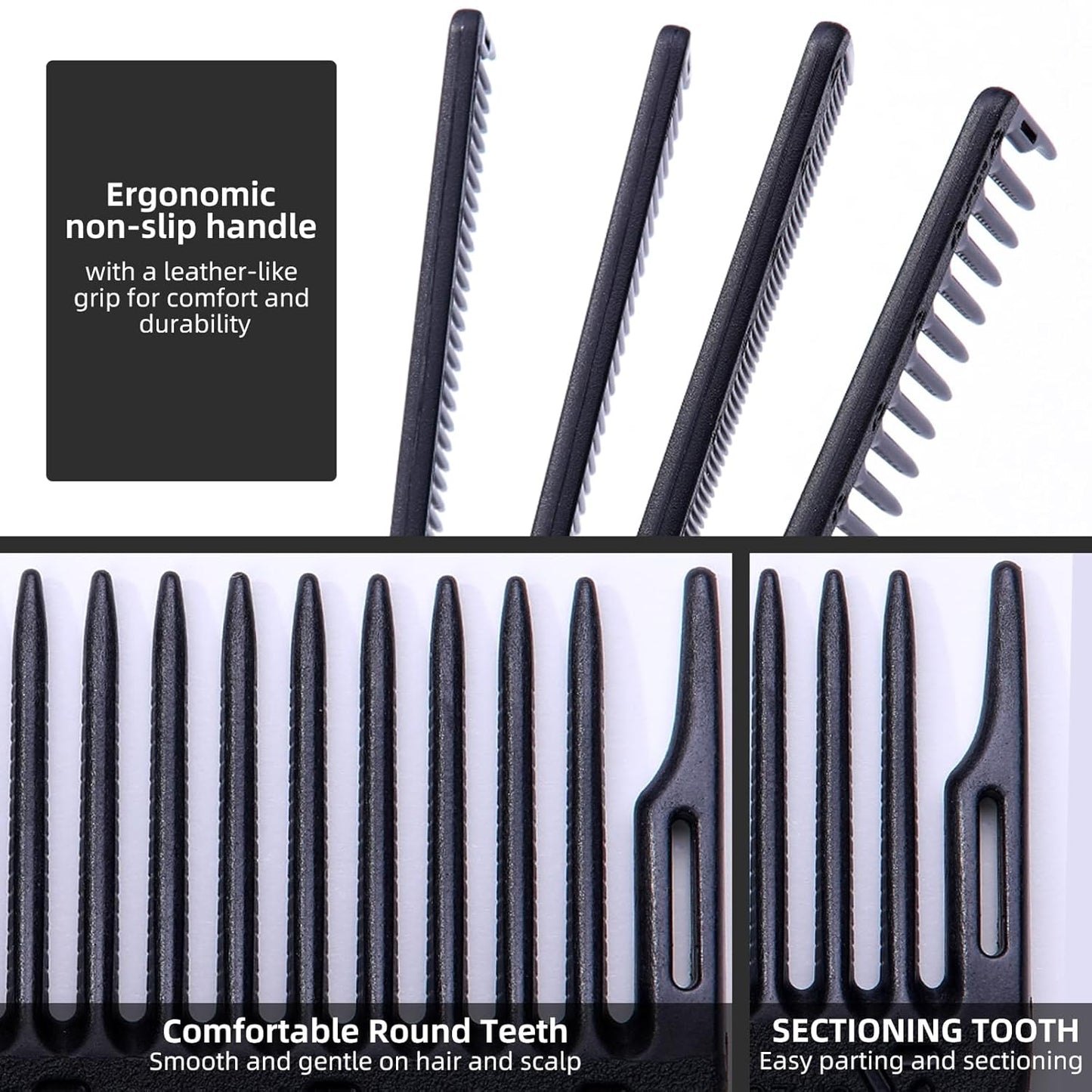 PERFEHAIR 2-Pack Professional Round Tooth Hair Cutting Comb - 7 Inch, Black Carbon Fiber Anti-Static & Heat Resistant, Durable Barber Combs with Fine & Wide Tooth for Precise Haircut for Men & Women