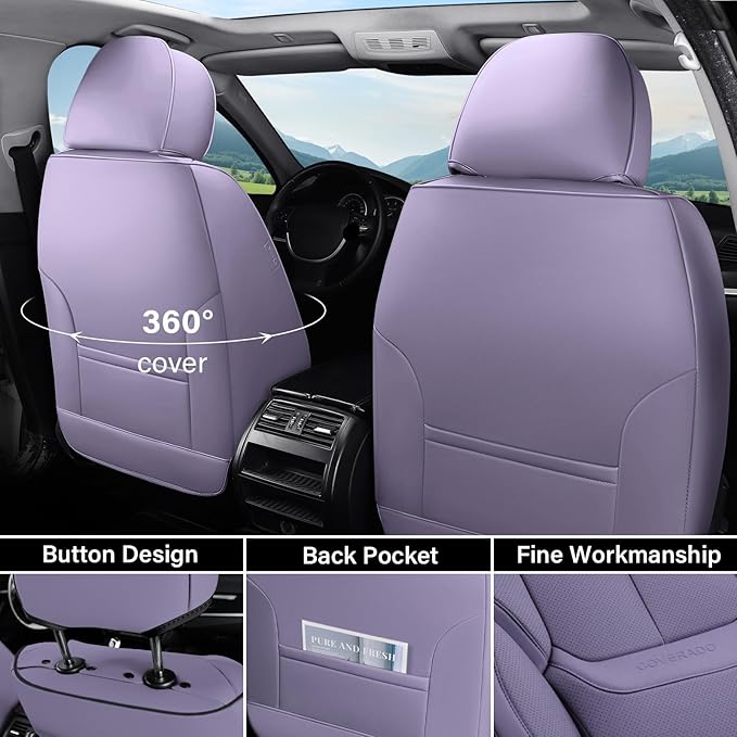 Coverado Universal Seat Covers Full Set, 5 Seats Universal Seat Covers for Cars, Waterproof NAPPA Leather Car Seat Covers with Head Pillow, Auto Protectors Fit for Most Sedans SUV Pick-up Truck-Purple