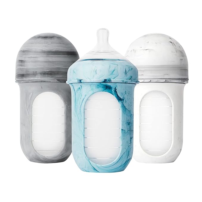 Boon Nursh Reusable Silicone Pouch Baby Bottles - Medium Flow Nipple - Silicone Baby Bottle Pouch and Nipple - Baby Feeding Essentials - Tie Dye - 3-6 Months - 3 Count - 8 Ounce