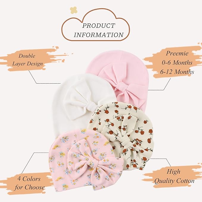 Bamery Newborn Baby Girl Hat Cotton Baby Bow Beanie Preemie Hats Spring Infant Hats for Girls 0-12 Months