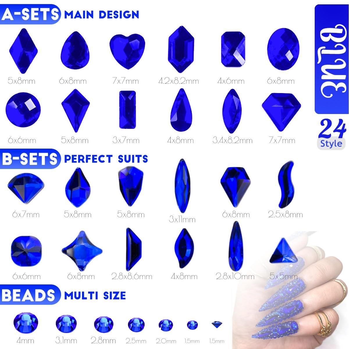 24 Styles Royal Blue Nail Rhinestones Sapphire Multi Shapes Flatback K9 Glass Crystals Gems Stones Diamonds Jewels Nail Art Charms Supplies for Nails Face Eyes Makeup Crafts Tumblers Clothes