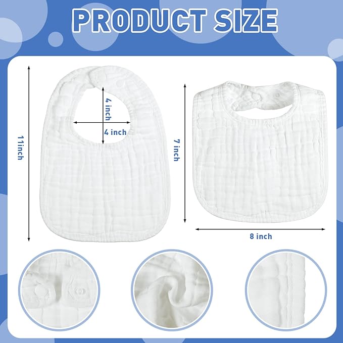 Reginary 30 Pack White Muslin Baby Bibs Bulk Adjustable 6 Layers Baby Bandana Drool Bibs for Boys Girls Newborn Cotton Soft Absorbent Muslin Burp cloth for Drooling and Teething