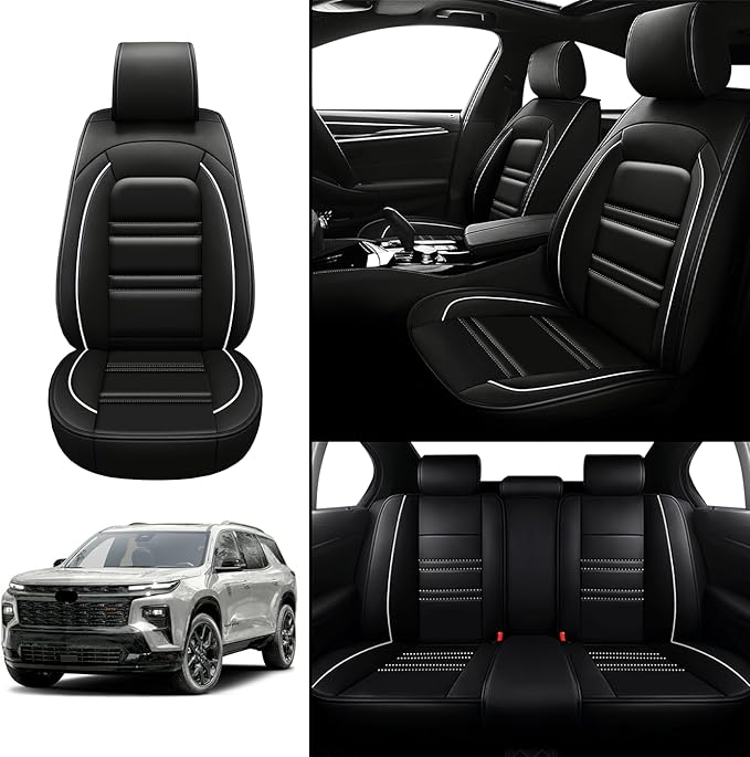 Seat Covers for Chevy Traverse 2009-2025 | 5-Seats Leather Seat Covers, Easy to Install Automotive Seat Covers Full Set (Full Set, Black&White Line)