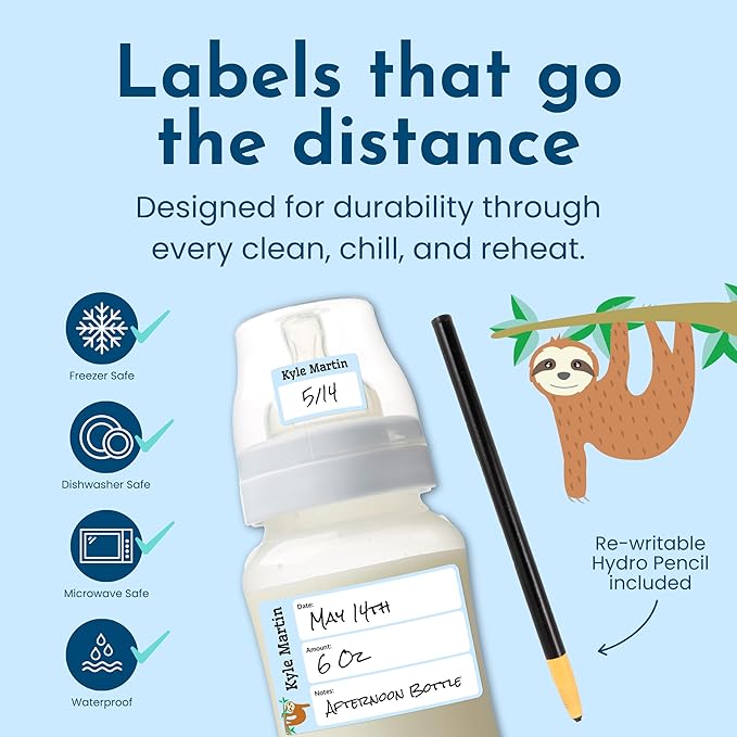 Name Bubbles - Reusable Baby Bottle Labels for Daycare (20 Labels) - Kids Washable Name Tags for Bottles, Sippy Cups, & Snack Containers, Waterproof, Baby Name Stickers, Write-On (Narwhal)