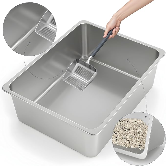 Kirecoo Stainless Steel Cat Litter Box, Small Metal High Sided Cat Pan Box - Image 3