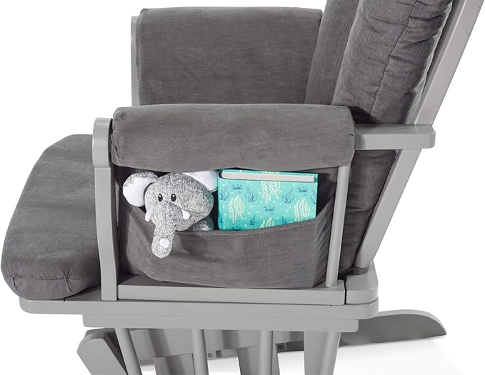 Child Craft Cozy Glider Rocker and Ottoman Set, Padded Cushion with Convenient Storage Pockets, Solid Wood Base & Frame (Cool Gray with Dark Gray Cushion)