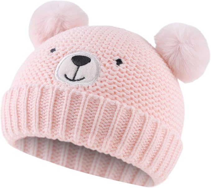 JANGANNSA Cute Bear Baby Beanie Pompom Baby Boys Hat Infant Toddler Winter Knitted Beanies for Girls