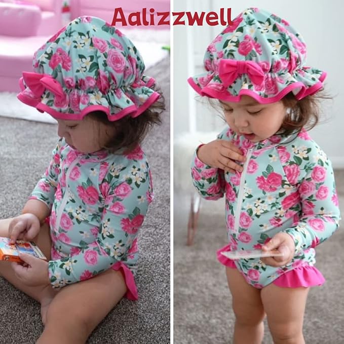 Aalizzwell Baby Girls Long Sleeve One Piece Swimsuit with Hat