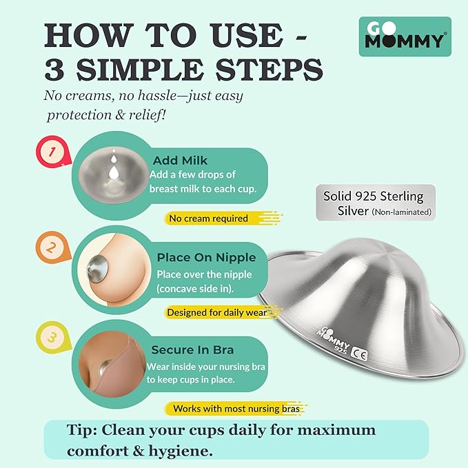 Silver Nipple Shields for Breastfeeding Newborn & A Breastfeeding Essential by Go Mommy - 925 Silver Nursing Cups for Sore Nipple Relief, Protects & Heals Cracked Nipples