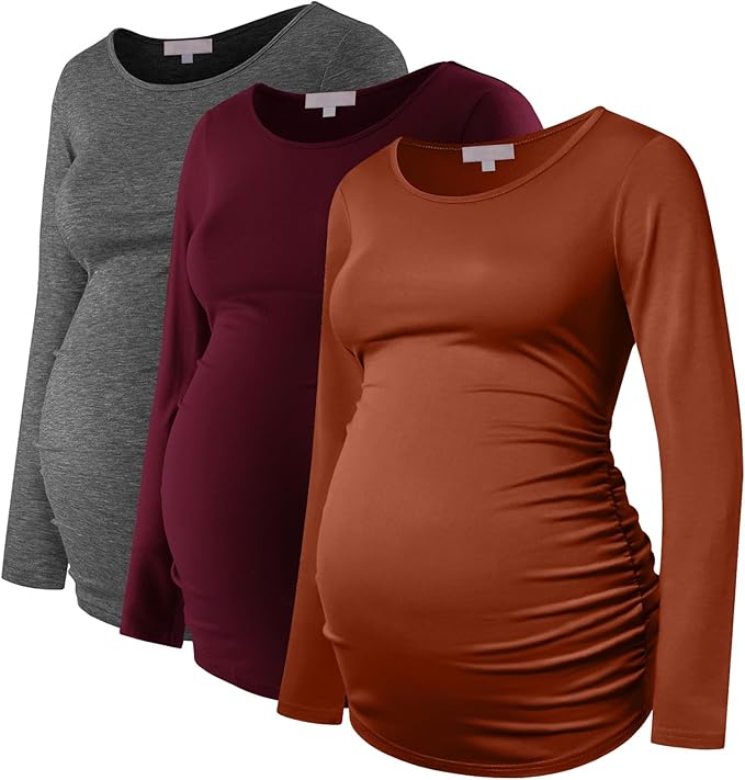 Bhome Women's Maternity Shirts 3 Packs Long Sleeve Pregnancy Tops Basic Side Ruched Tunic Blouse