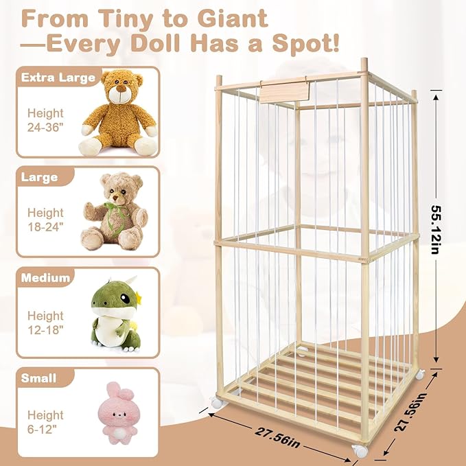 Stuffed Animal Storage, Wood Stuffed Animal Zoo Storage with Brake Wheels, Extra Large Capacity Plush Toy Cage, Space Save Toy Organizer with Kids, Perfect for Nursery Playroom Kidroom Bedroom
