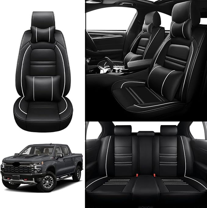 Car Seat Covers for Chevy Silverado 1500 2007-2025 | 5-Seats Seat Covers, Waterproof Seat Protectors, Automotive Seat Covers (Full Set with Pillow,Black&White Line)
