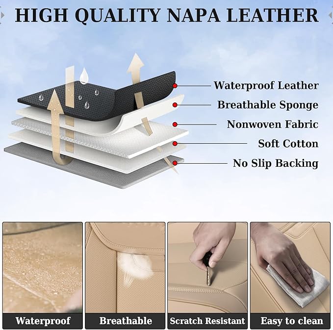 Coverado Seat Covers, Car Seat Covers Front Seats, Car Seat Cover, Car Seat Protector Waterproof, Car Seat Cushion Nappa Leather, Beige Seat Covers Carseat Cover Universal Fit for Most Cars