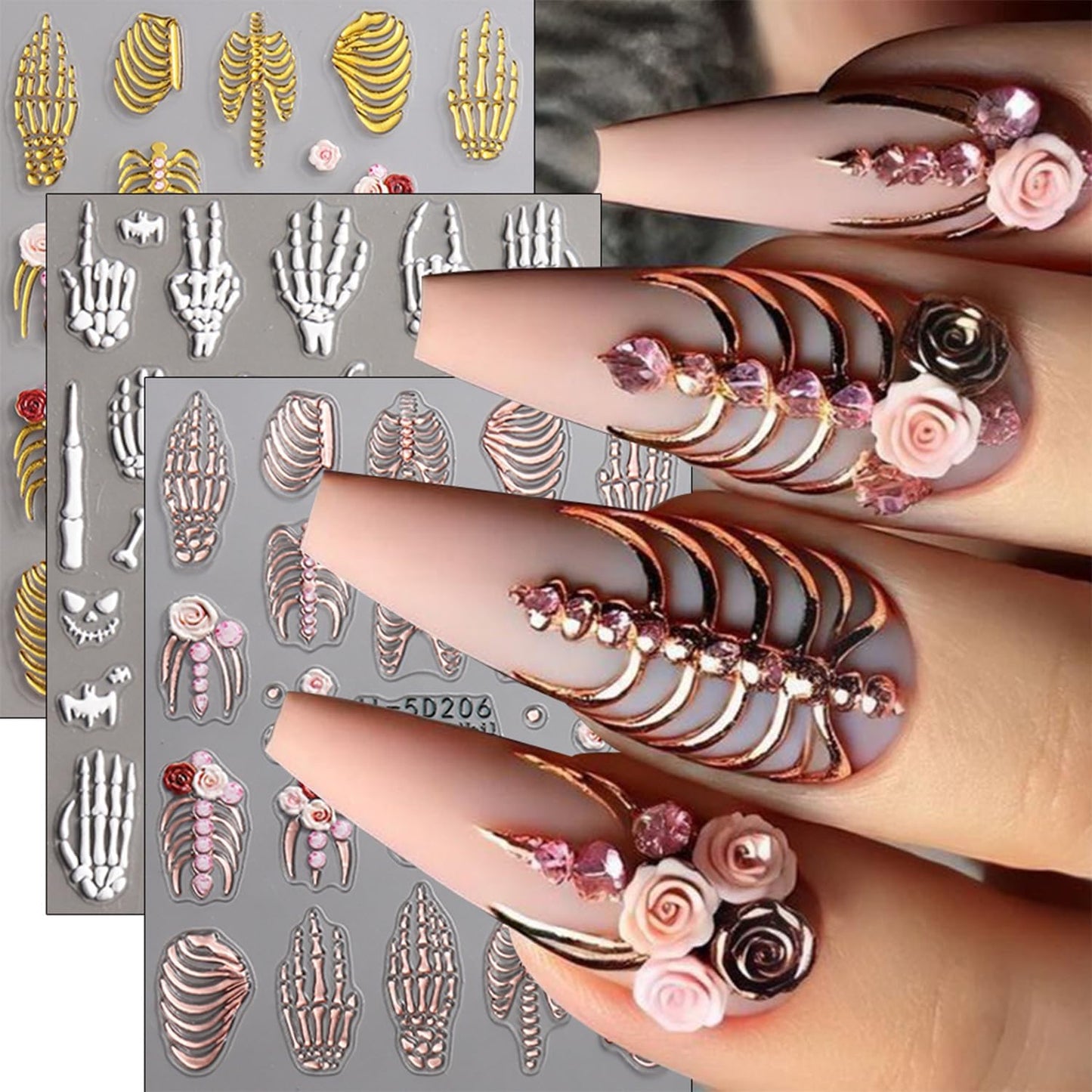 Halloween Nail Art Stickers Decals 5D Embossed Skull Nails Stickers Rose Gold White Skeleton Nail Decal Self-Adhesive Flower Nails Art Decal for Women Halloween Decor