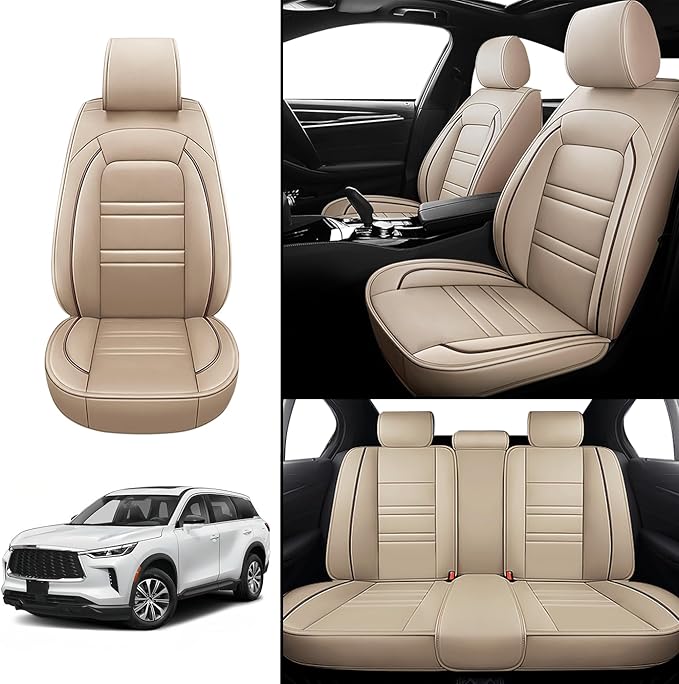 Seat Covers for Infiniti qx60 2014-2025 | 5-Seats Leather Seat Covers, Easy to Install Automotive Seat Covers Full Set (Full Set, Beige)