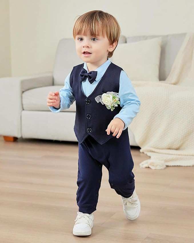 Baby Boy Clothes Gentleman Baby Suit Long Sleeve Romper+Vest+Bow Tie+Corsage 4Pcs Boys Formal Jumpsuit