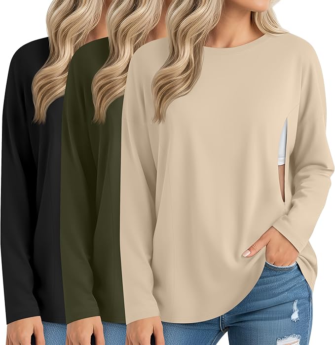 3 Pack Women's Nursing Breastfeeding Tops, Long Sleeve Maternity Shirts Oversize Hidden Zipper Pregnancy Clothes