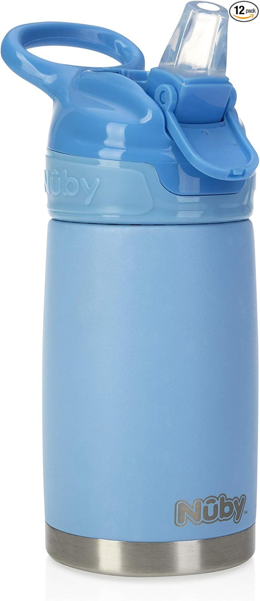 Nuby Thirsty Kids No Spill Flip-It Reflex Stainless Steel Travel Cup or Water Bottle - 10 Oz - 18+ Months - Blue - Back to School Essentials (Pack of 12)