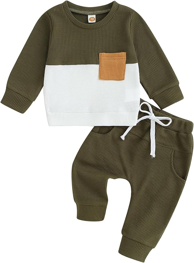 Toddler Baby Boy Fall Clothes Waffle Outfit Long Sleeve Color Blocking Sweatshirt Pullover Jogger Pant Set